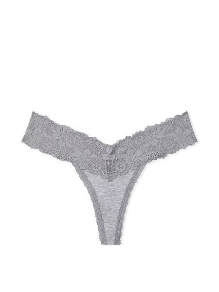 Хлопковые трусики тонг PINK Wink Lace-Trim Thong Panty - XS - Серый оригинал Victoria's Secret купить Украина 420461QD7