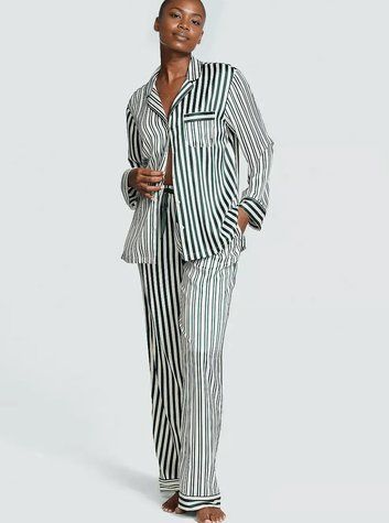 Атласна піжама Victoria's Secret Glazed Satin Long Pajama Set - XS - Зелена смужка оригінал Victoria's Secret купити Україна 420183SPC