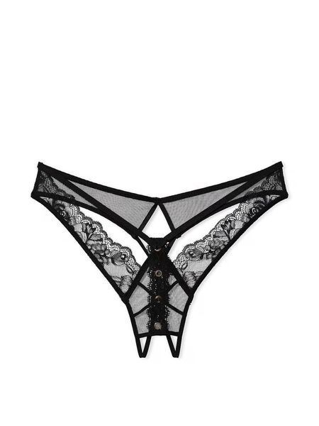 Відкриті трусики тонг Victoria's Secret Rose Lace & Grommet Crotchless Thong - XS - Чорний оригінал Victoria's Secret купити Україна 189699QB4
