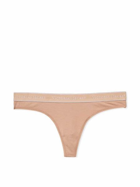 Хлопковые трусики тонг Victoria's Secret Logo Cotton Thong Panty - S - Бежевый оригинал Victoria's Secret купить Украина 415830SEQ