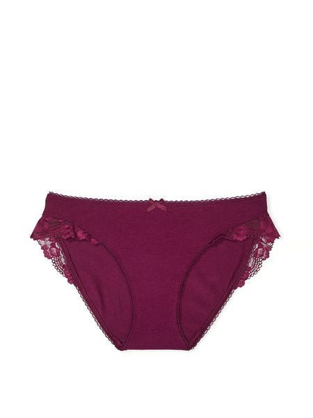 Бавовняні трусики бікіні Victoria's Secret Stretch Cotton Lace-Trim Bikini Panty - M - Бордо оригінал Victoria's Secret купити Україна 417928QPQ