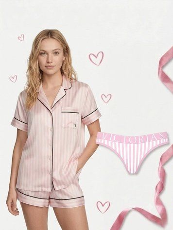 Подарунковий набір Victoria's Secret: Сатинова піжама Signature Stripe + Бавовняні трусики Logo Cotton Thong - Рожева смужка- XS оригінал Victoria's Secret купити Україна 420076SPC-set