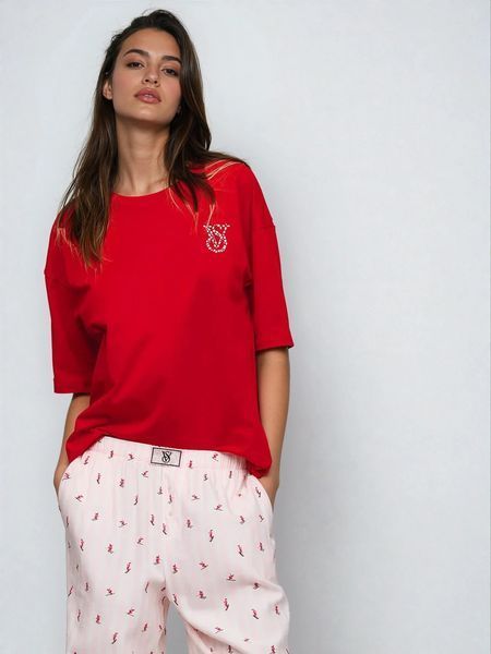 Піжама Victoria's Secret Flannel Short-Sleeve Long Tee-Jama Set - XS - Червоний оригінал Victoria's Secret купити Україна 430142QBJ