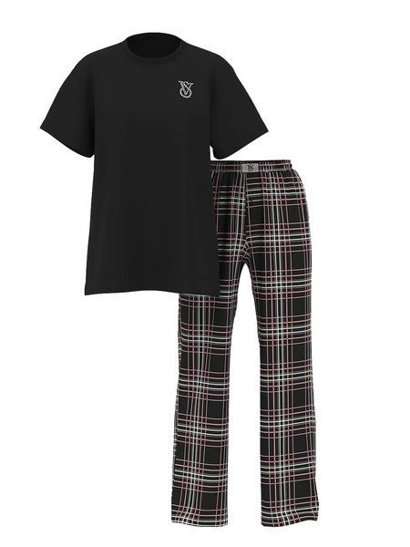 Піжама Victoria's Secret Flannel Short-Sleeve Long Tee-Jama Set - XS - Чорний оригінал Victoria's Secret купити Україна 428579QC5