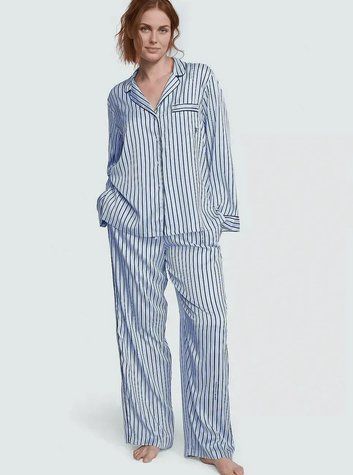 Атласна піжама Victoria's Secret Satin Long Pajama Set - S - В блакитну смужку оригінал Victoria's Secret купити Україна 406057QFB