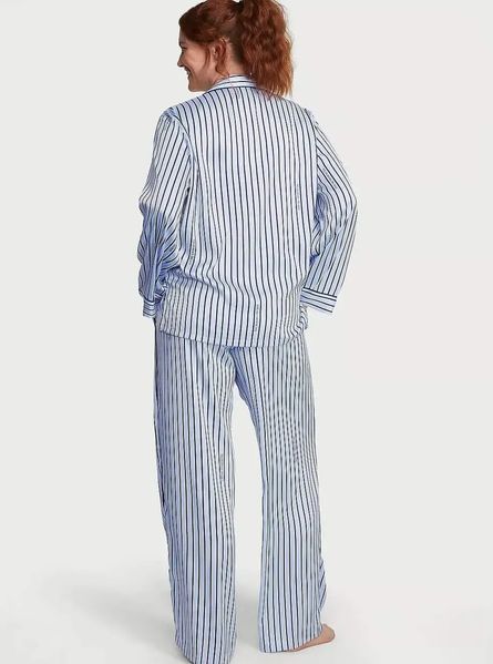 Атласна піжама Victoria's Secret Satin Long Pajama Set - S - В блакитну смужку оригінал Victoria's Secret купити Україна 406057QFB