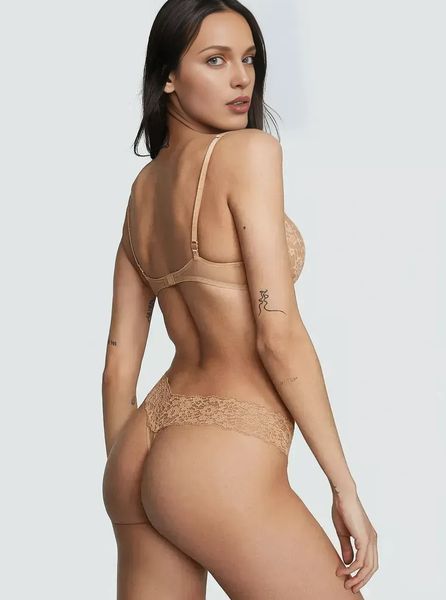 Бавовняні трусики тонг Victoria's Secret Lace-Waist Cotton Thong Panty - XS - Бежевий оригінал Victoria's Secret купити Україна 418409SEQ