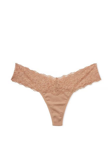 Бавовняні трусики тонг Victoria's Secret Lace-Waist Cotton Thong Panty - XS - Бежевий оригінал Victoria's Secret купити Україна 418409SEQ