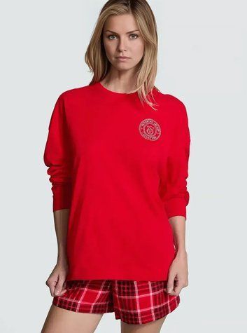 Піжама Victoria's Secret Flannel Long-Sleeve Short Tee-Jama Set - S - Червоний оригінал Victoria's Secret купити Україна 420050QE2